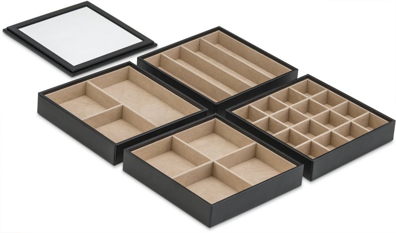 Glenor Co Jewelry Organizer Tray - 4 Stackable Trays & Lid with Mirror - 27 Slot Storage for Drawer, Dresser - Black - Image 5